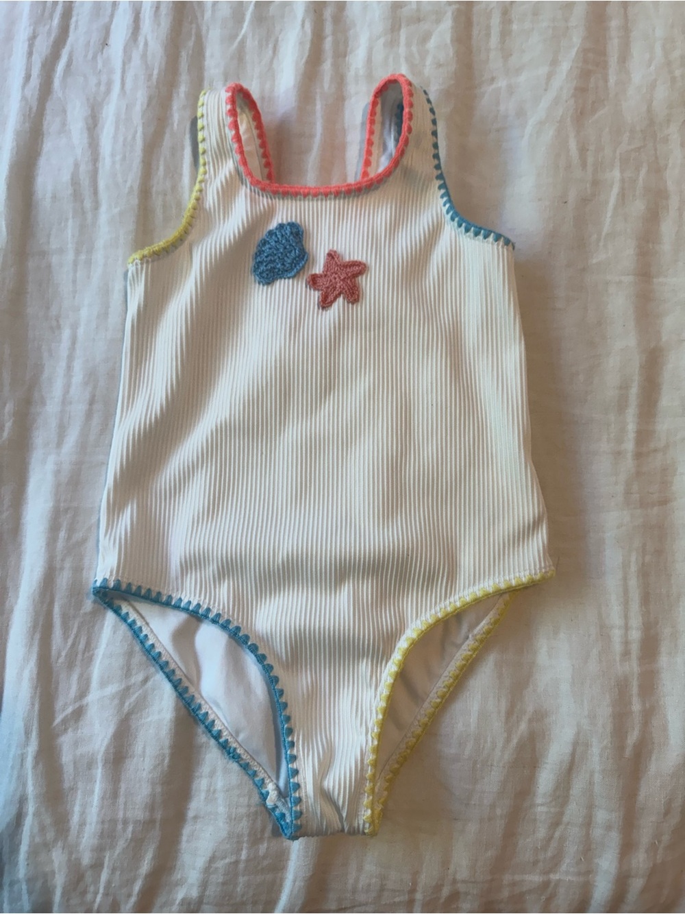 Zara White Ribbed Kids Swimsuit with Coral, Blue and Yellow Trim
